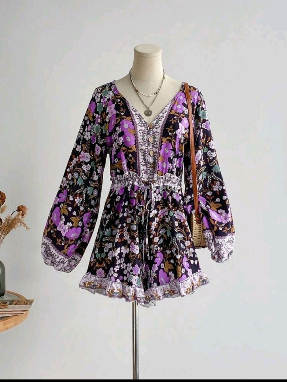Purple Floral Boho V-Neck Peasant Romper - Picture 6 of 16